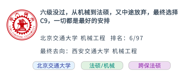 六级没过，从机械到法硕，又中途放弃，最终选择C9，一切都是最好的安排
